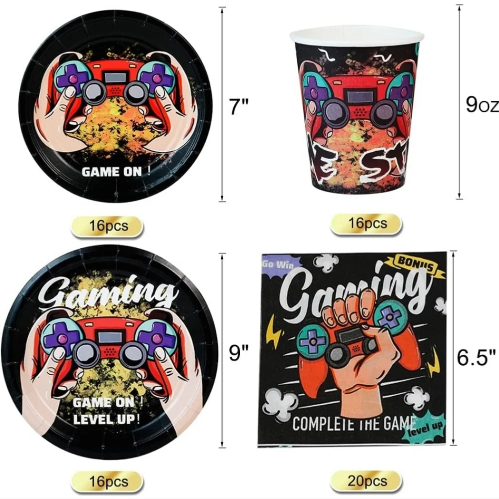 Video Game Party Supplies Set 68 PCS Paper Plates Cups Napkins NEW Disposable